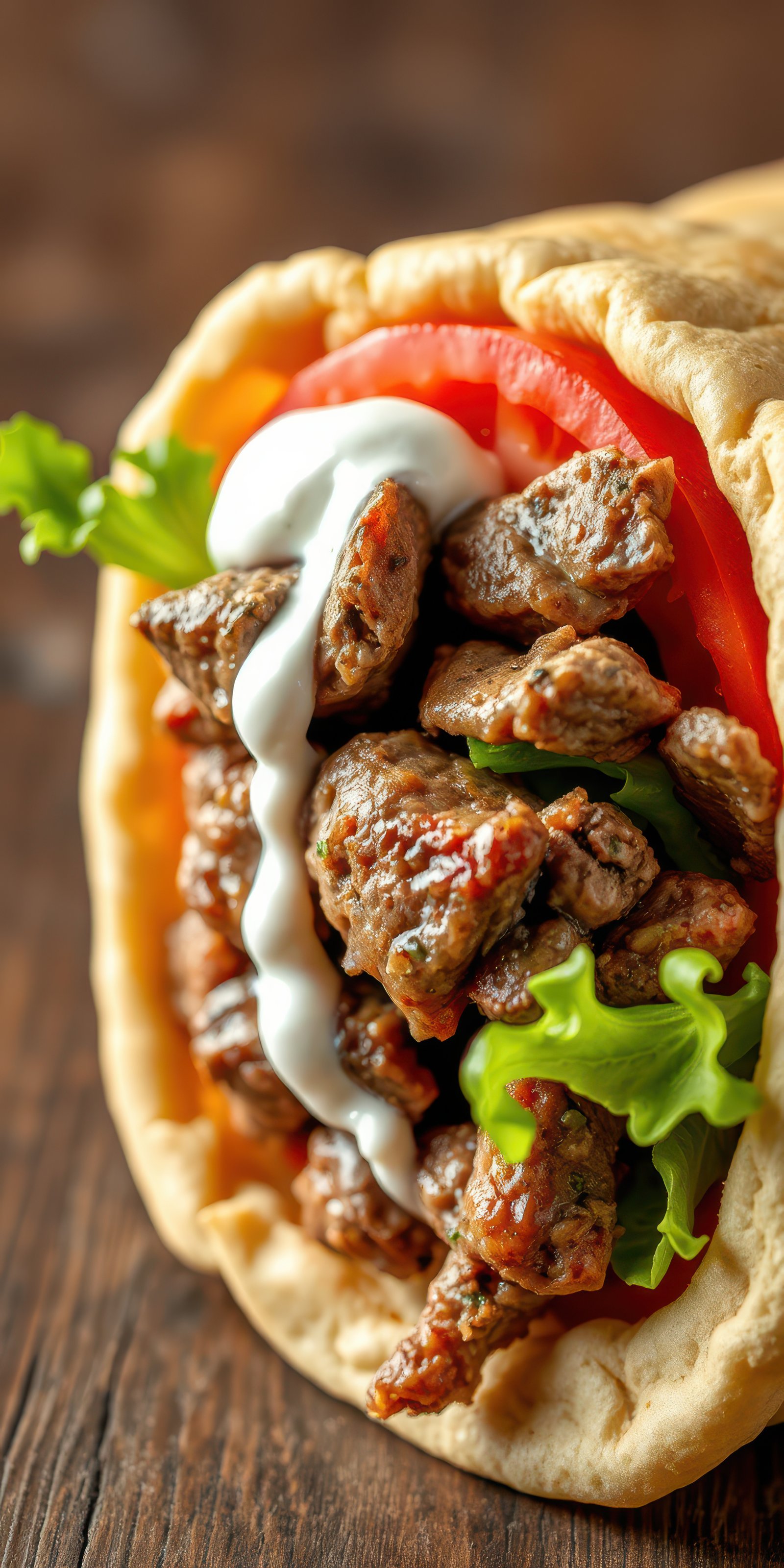 Delicious wrap filled with seasoned meat, fresh vegetables, and creamy sauce